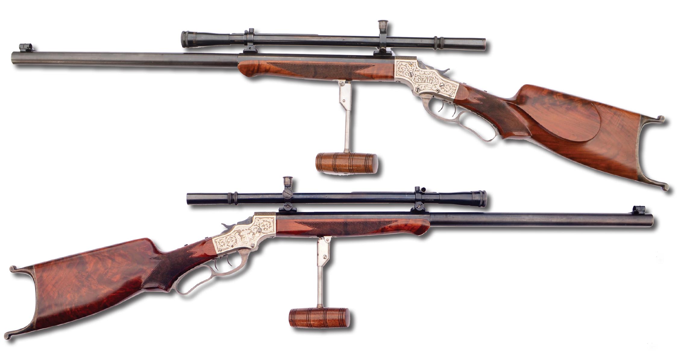 “Lucile” is a Stevens Model 52, circa 1901-1903. The Model 52 was one of the highest grade Schützen rifles, complete with palm rest, double set triggers and heavy barrel. The scope, a Lyman 8x Junior Targetspot, was added later.